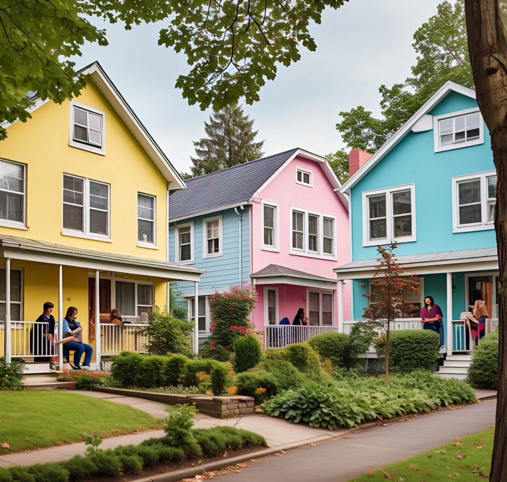 Colorful houses in yellow, pink, and blue with residents relaxing on porches, surrounded by lush greenery and a sidewalk.