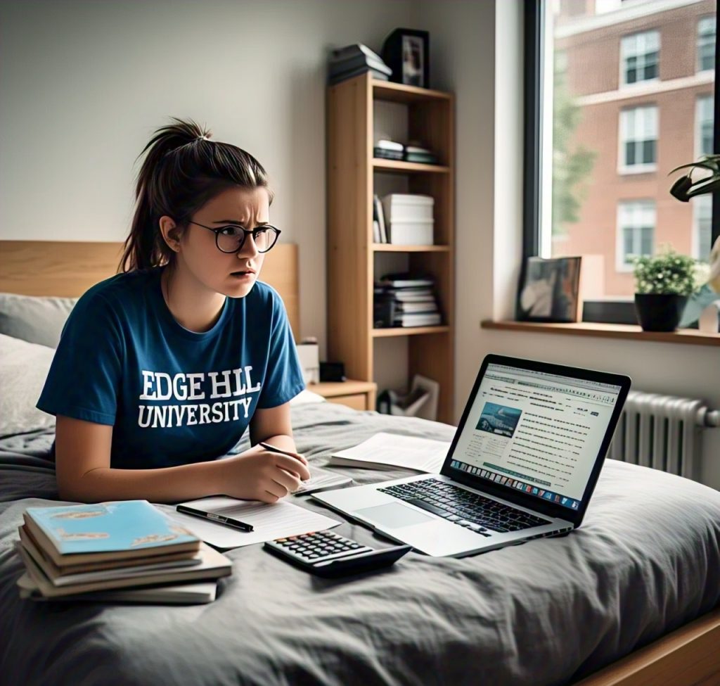 A student in a blue university t-shirt studies at a laptop on a bed, surrounded by books and a calculator in a cozy room.