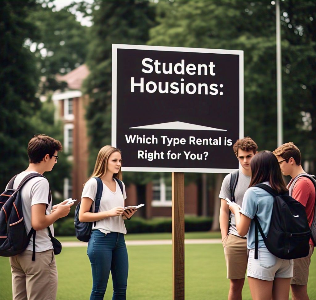 Illustration of a student standing in front of a split-screen background, comparing different student housing options, such as a shared apartment, a dorm room, and a solo rental house, with thought bubbles and question marks, highlighting the decision-making process and the importance of choosing the right fit