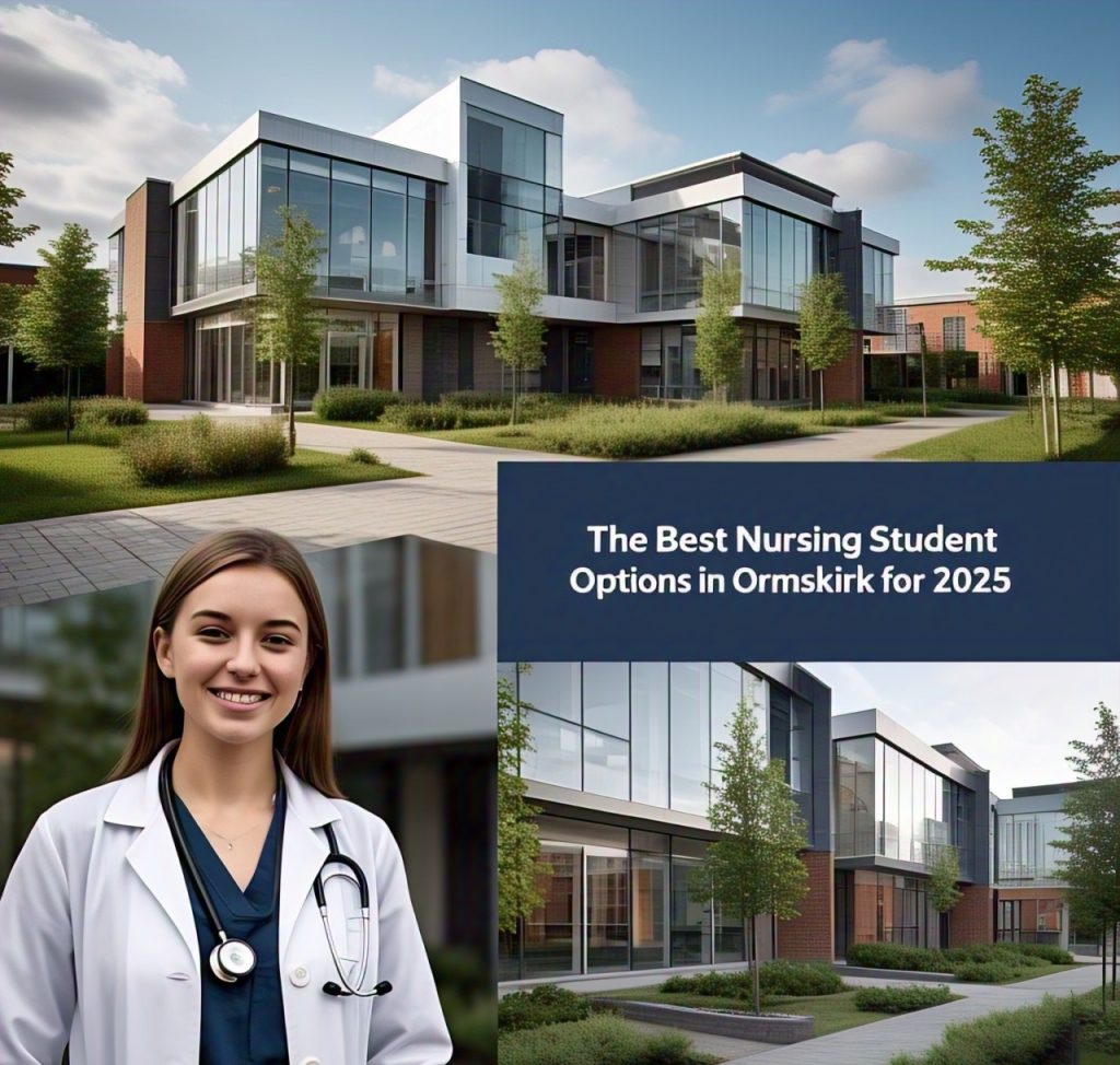 Modern nursing building surrounded by greenery, featuring large glass windows, with a title about top nursing options in Ormskirk for 2025.