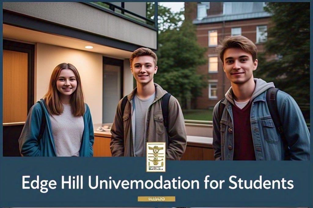 Three students stand outside a university building in casual attire, with warm evening light illuminating their surroundings.