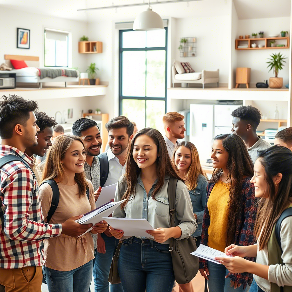 A diverse group of students gathers in a bright, modern space, discussing papers and sharing ideas, surrounded by a cozy, stylish interior.
