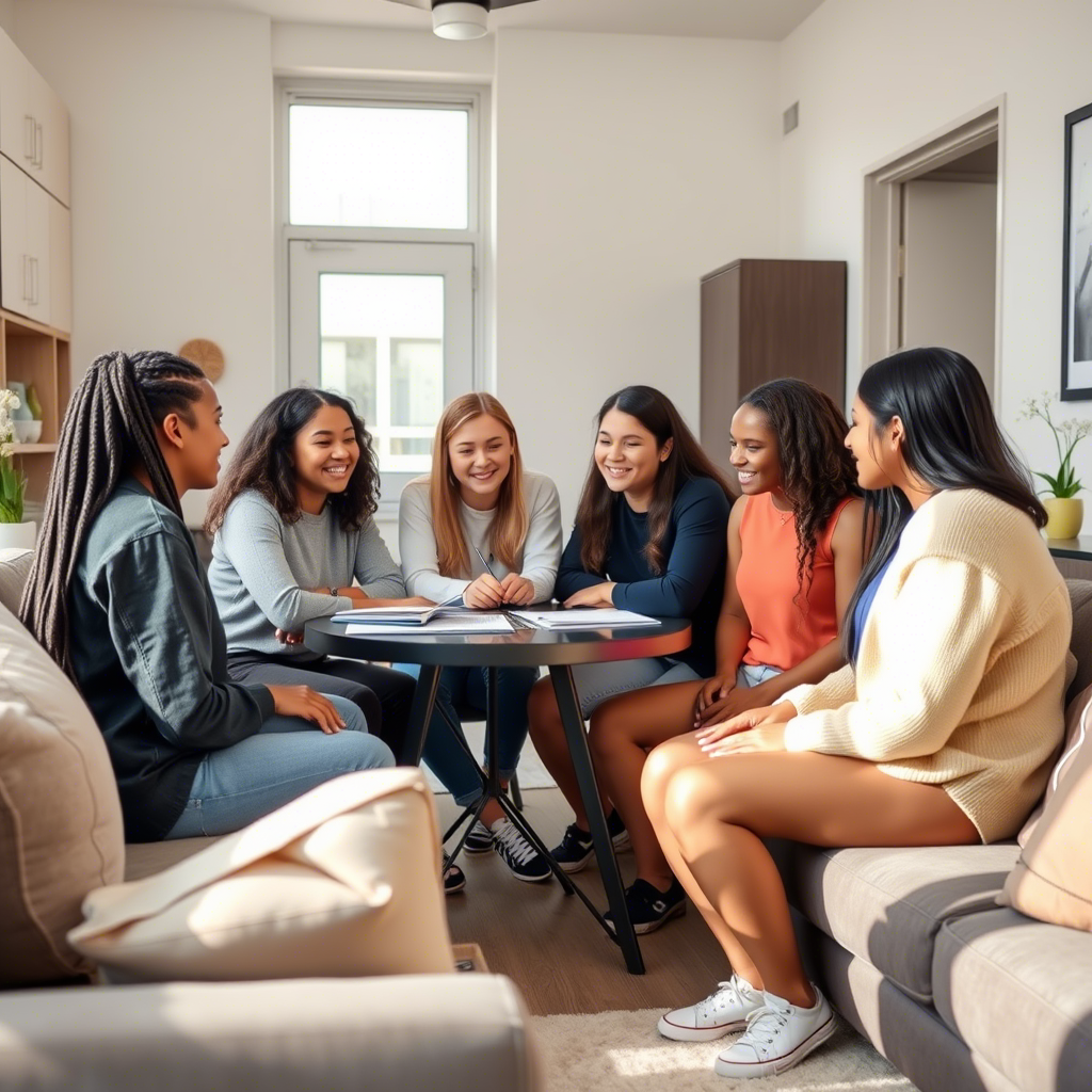 A group of six women engaged in a discussion around a small table in a cozy, modern living room. Ask Before Renting Furnished Student Properties