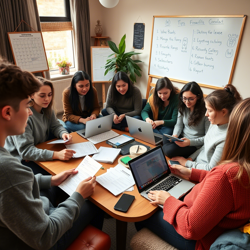 A group of people collaborates around a table covered with laptops, documents, and electronic devices in a bright meeting room.