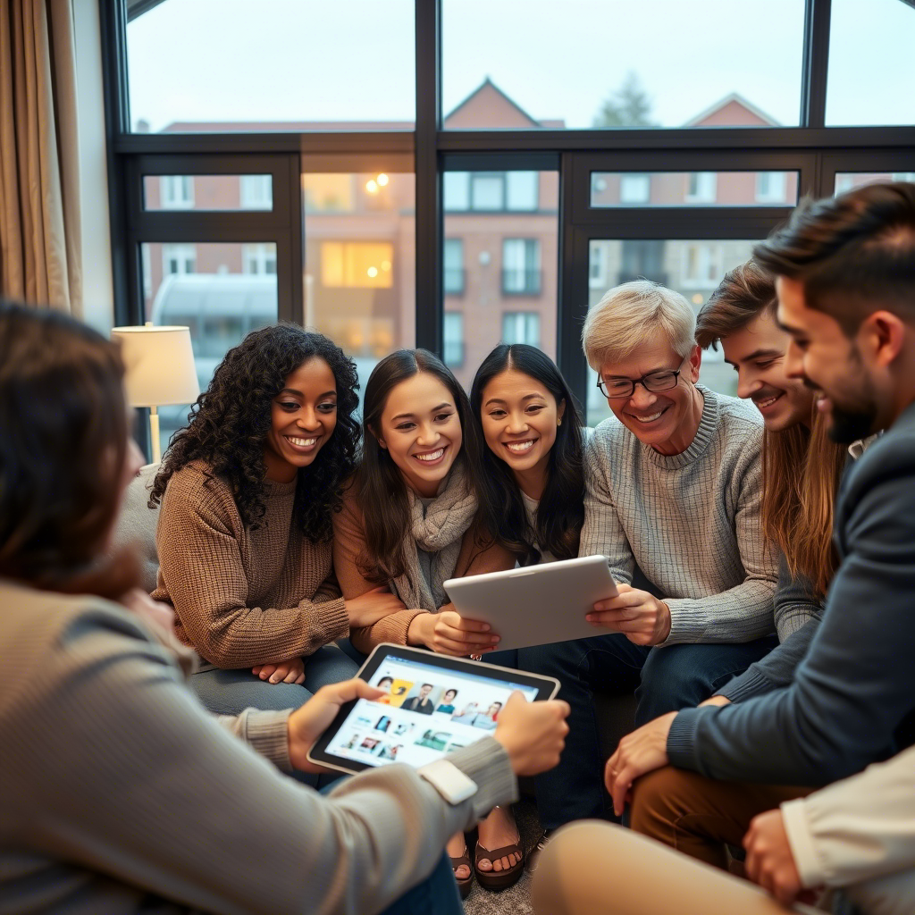 A diverse group of friends gathered on a sofa, intently sharing a tablet and discussing images displayed on it, with a background of large windows.