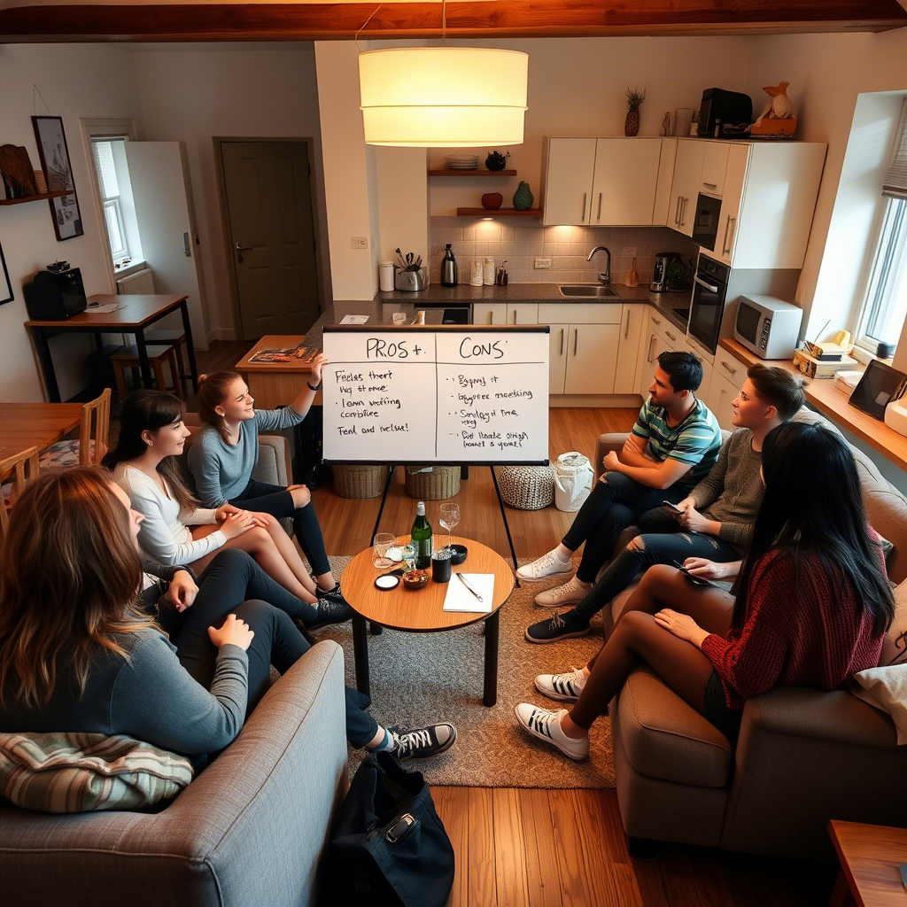 A group discussion takes place in a cozy living room, with a whiteboard listing pros and cons. Drinks and snacks are on the table.