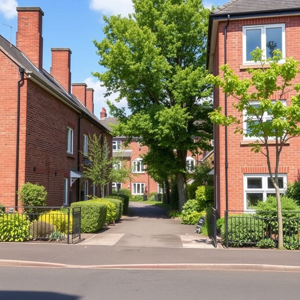 A sunny residential street featuring red brick buildings, lush greenery, and a winding pathway lined with trees and bushes. Student Housing Deals