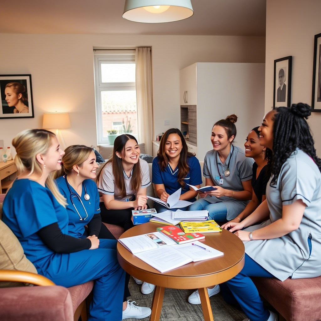 A group of nurses in scrubs engaged in discussion around a table filled with books and materials in a cozy room.
