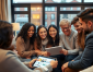 A diverse group of friends gathered on a sofa, intently sharing a tablet and discussing images displayed on it, with a background of large windows.